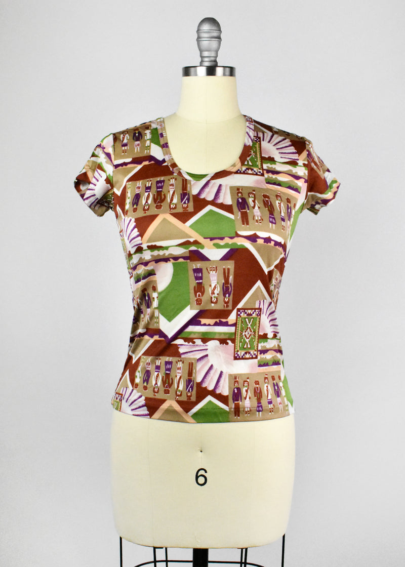 Vicki Volts Native American Print Top with Tie Accessory