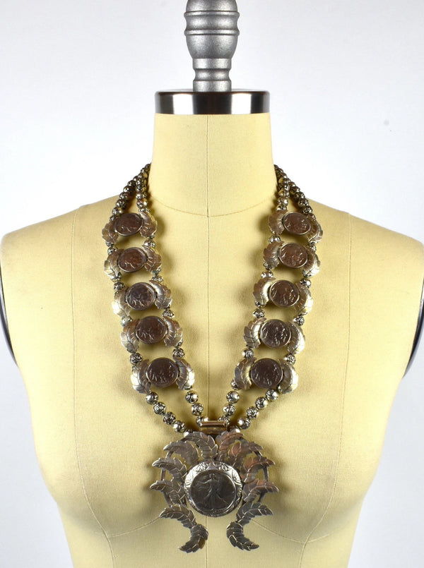 Rare Layered Sterling Silver Squash Blossom - 1941 Walking Liberty Naja with 1920'-1930's Buffalo Nickel Petals and Rose Beads