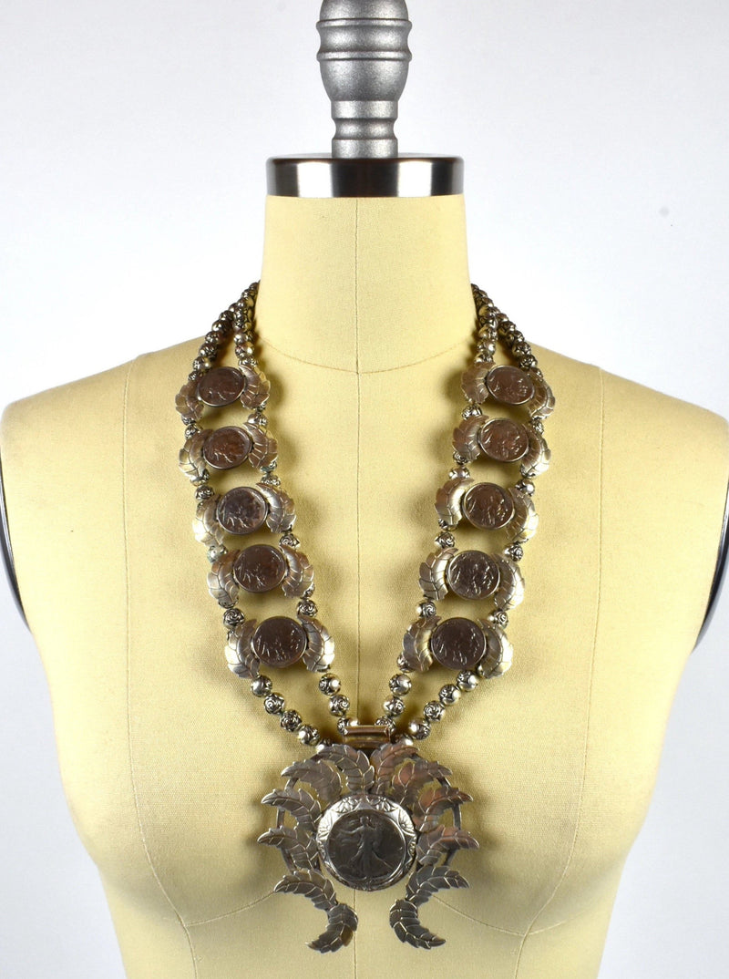 Rare Layered Sterling Silver Squash Blossom - 1941 Walking Liberty Naja with 1920'-1930's Buffalo Nickel Petals and Rose Beads