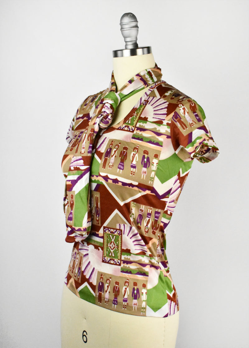 Vicki Volts Native American Print Top with Tie Accessory