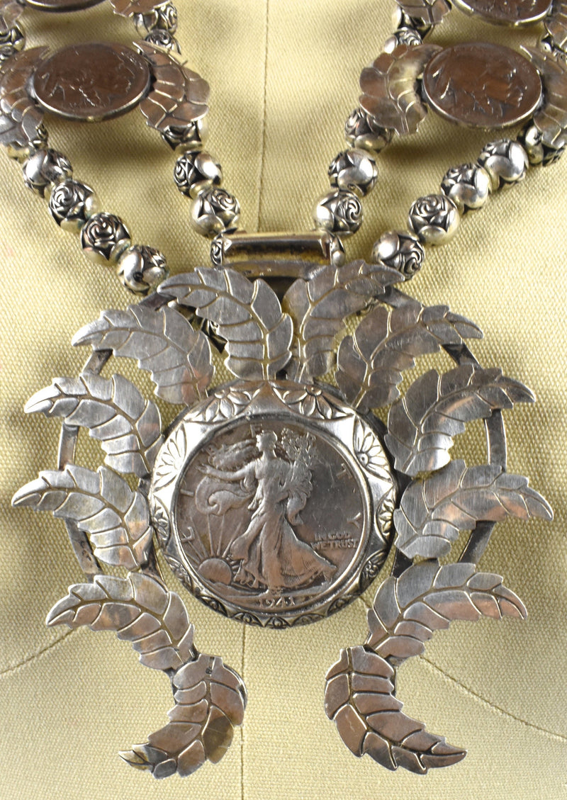 Rare Layered Sterling Silver Squash Blossom - 1941 Walking Liberty Naja with 1920'-1930's Buffalo Nickel Petals and Rose Beads