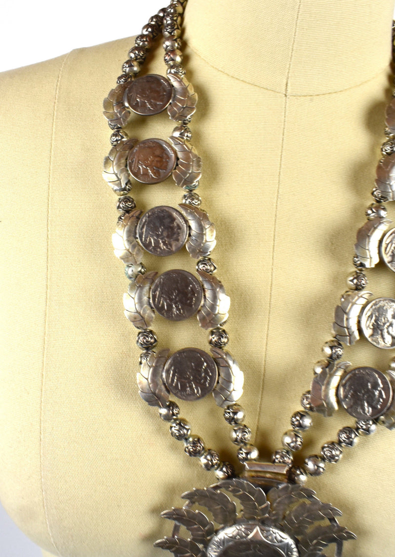 Rare Layered Sterling Silver Squash Blossom - 1941 Walking Liberty Naja with 1920'-1930's Buffalo Nickel Petals and Rose Beads