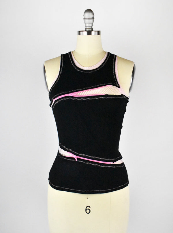Vintage Black and Pink 90's Tank Top with Zippers and Fish Net