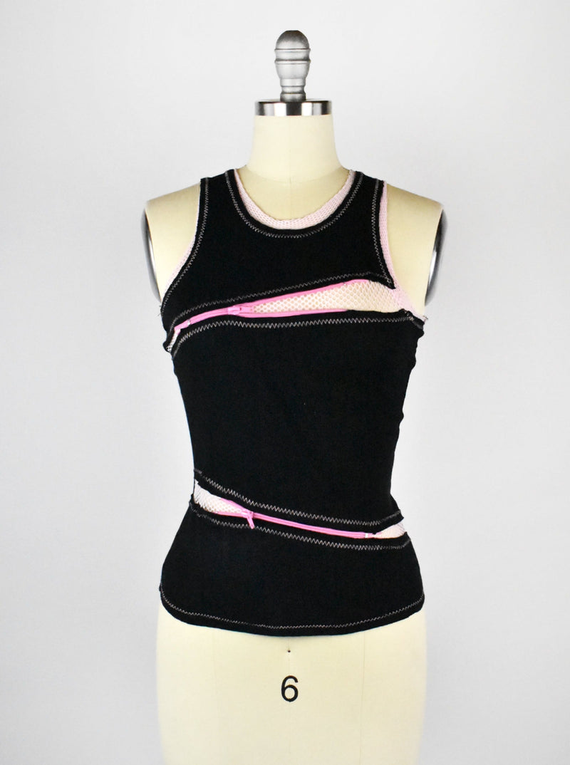 Vintage Black and Pink 90's Tank Top with Zippers and Fish Net