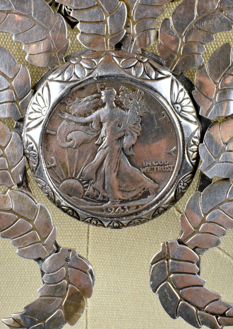 Rare Layered Sterling Silver Squash Blossom - 1941 Walking Liberty Naja with 1920'-1930's Buffalo Nickel Petals and Rose Beads