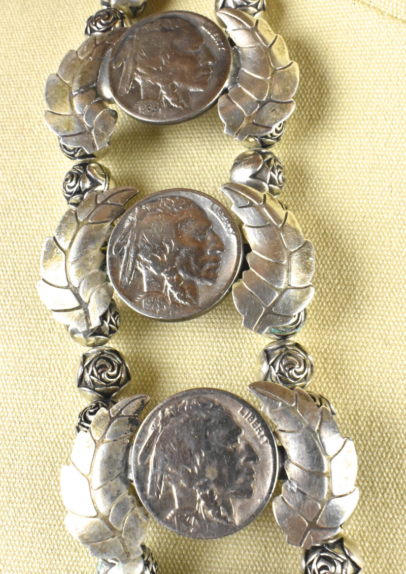 Rare Layered Sterling Silver Squash Blossom - 1941 Walking Liberty Naja with 1920'-1930's Buffalo Nickel Petals and Rose Beads