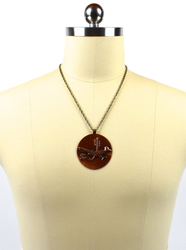 Copper Roadrunner and Saguaro Pendant on Necklace 