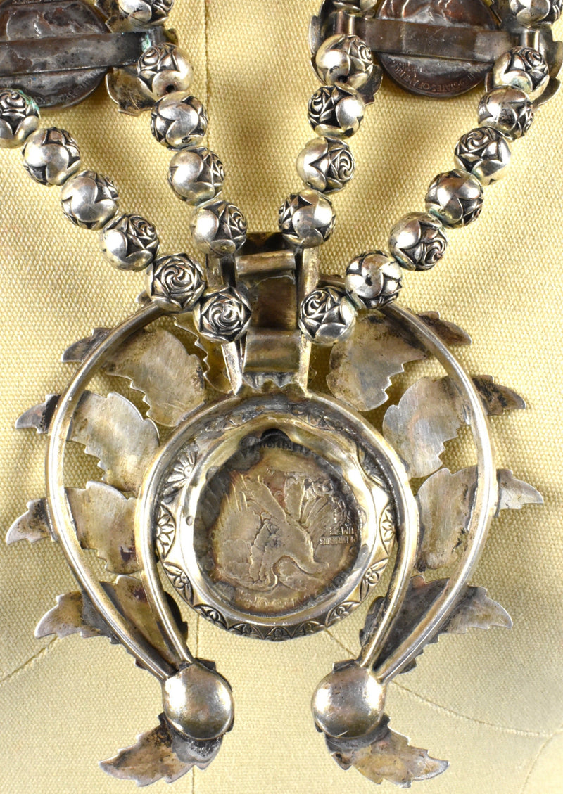 Rare Layered Sterling Silver Squash Blossom - 1941 Walking Liberty Naja with 1920'-1930's Buffalo Nickel Petals and Rose Beads