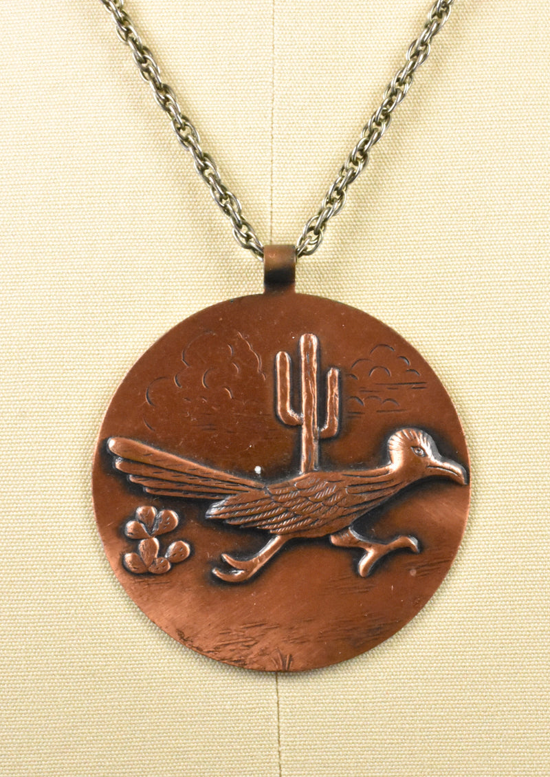 Copper Roadrunner and Saguaro Pendant on Necklace