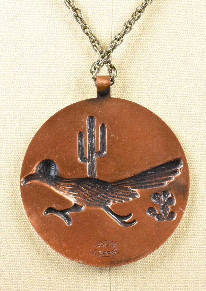 Copper Roadrunner and Saguaro Pendant on Necklace