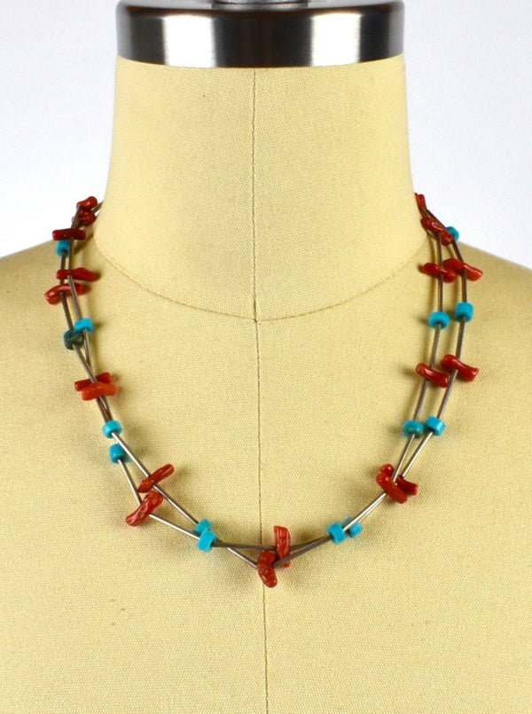 Turquoise and Coral Layered Necklace with Sterling Silver