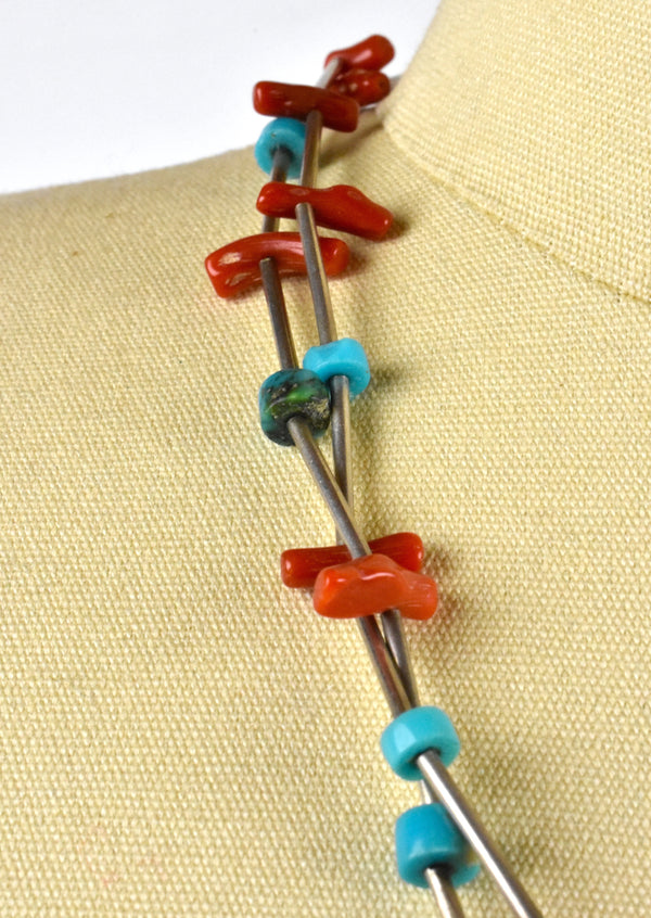 Turquoise and Coral Layered Necklace with Sterling Silver