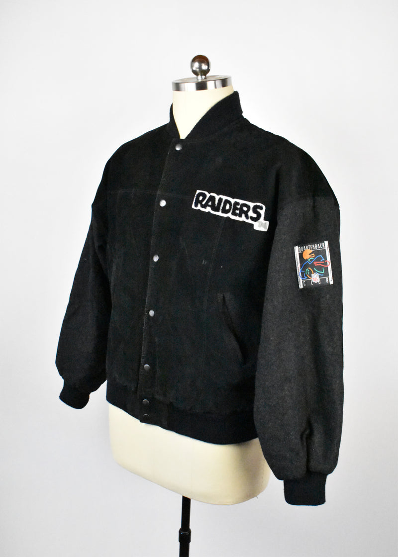 Vintage Raiders Football Varsity Letterman Jacket with Suede Sleeves by G-III and Carl Banks 