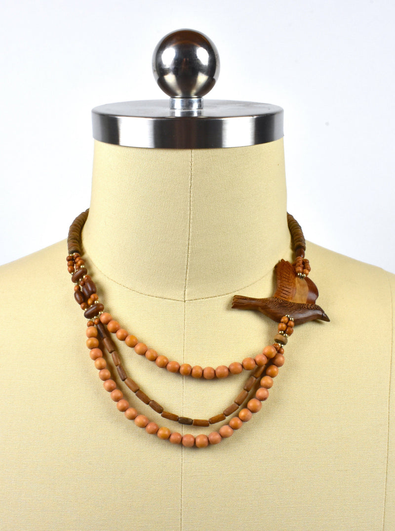 Beaded Wooden Layered Necklace with Floating Wooden Bird