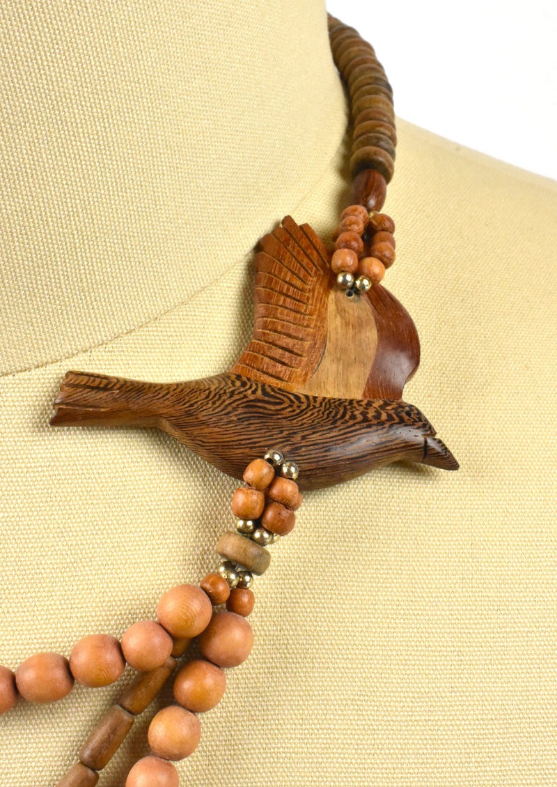 Beaded Wooden Layered Necklace with Floating Wooden Bird