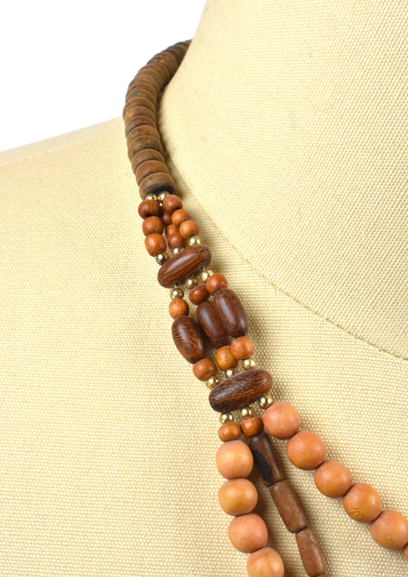 Beaded Wooden Layered Necklace with Floating Wooden Bird