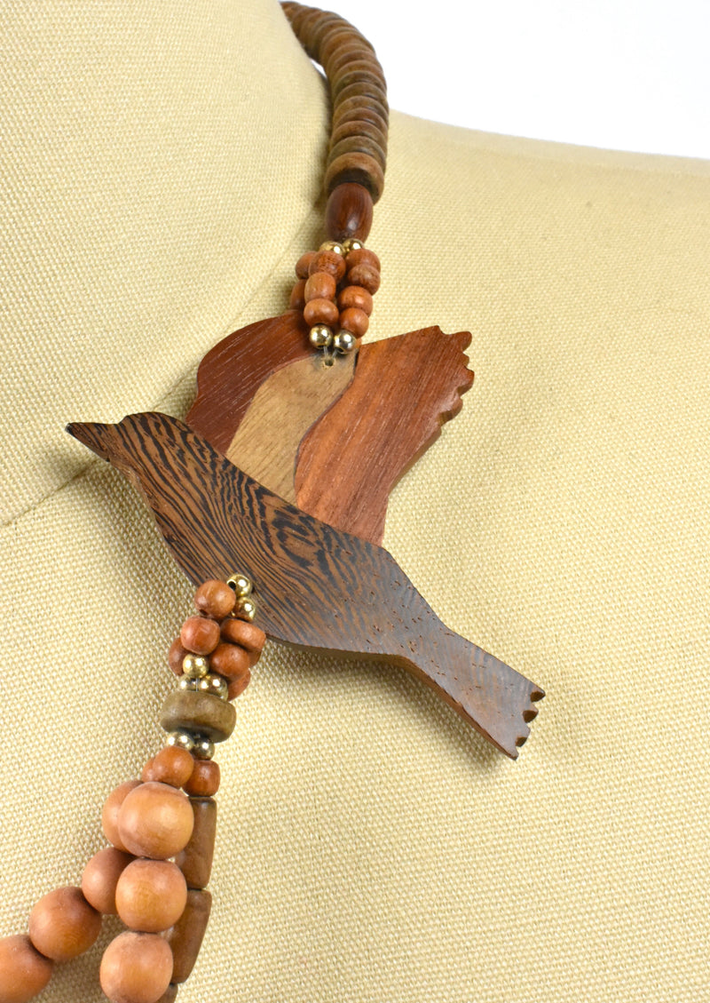 Beaded Wooden Layered Necklace with Floating Wooden Bird