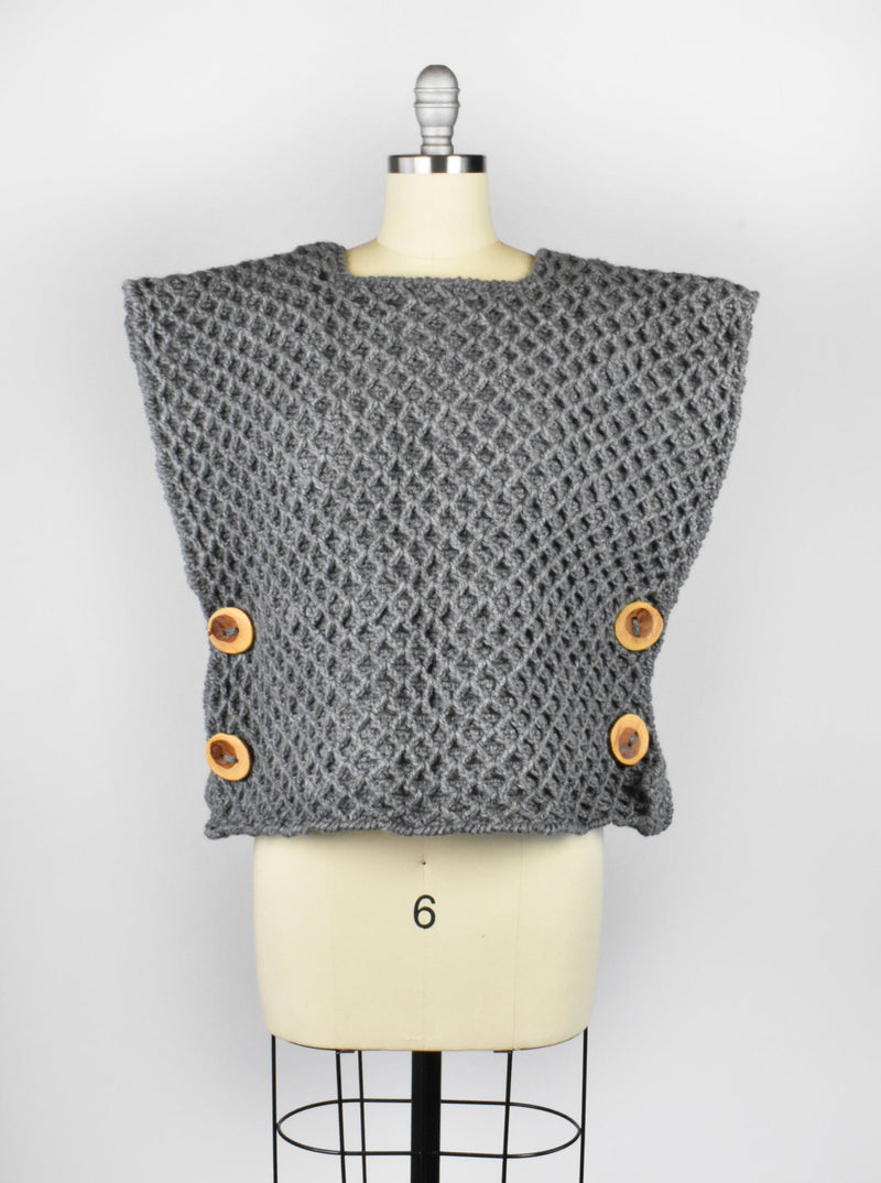 Vintage Rustic Gray Crochet Top with Wooden Buttons