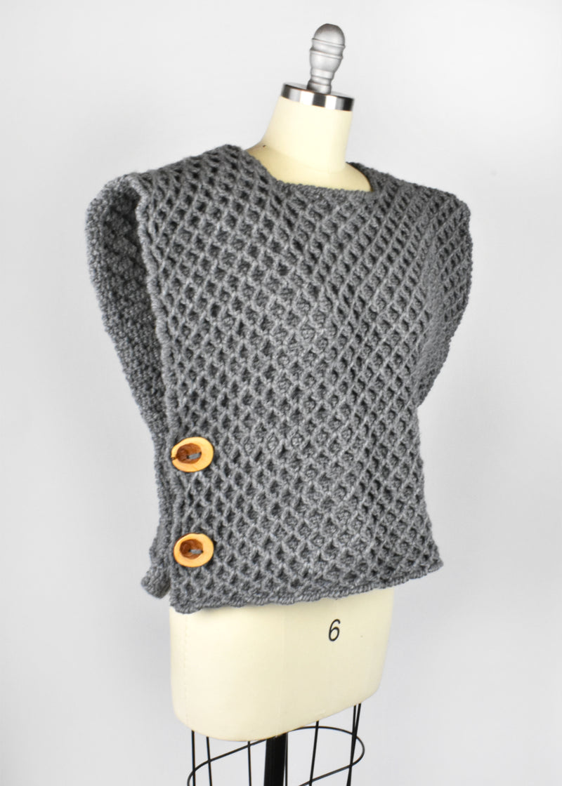 Vintage Rustic Gray Crochet Top with Wooden Buttons