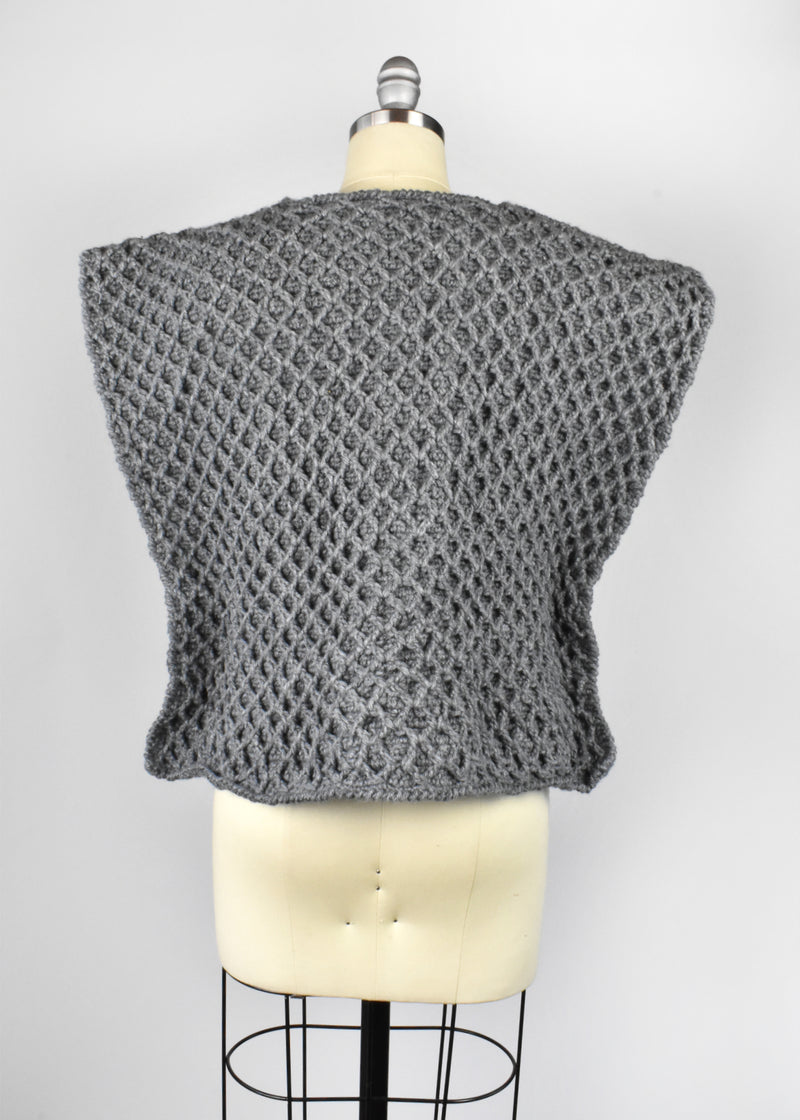 Vintage Rustic Gray Crochet Top with Wooden Buttons