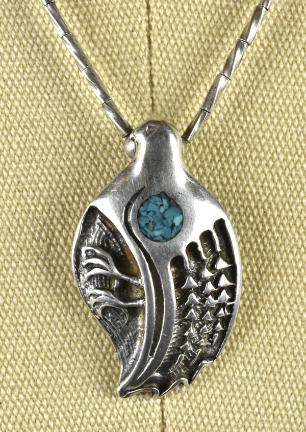 Sterling Silver Quail Pendant with Turquoise Flake on Sterling Silver Chain
