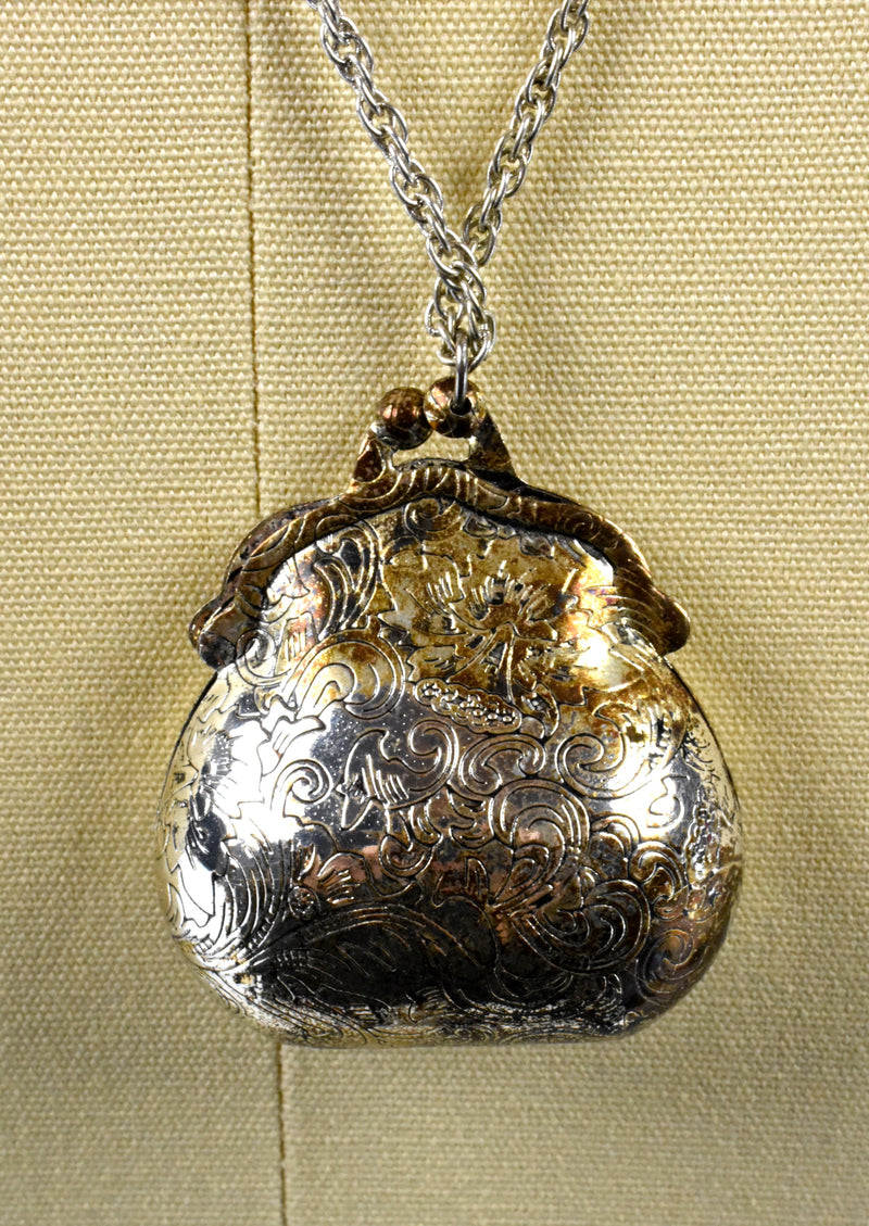 Silver Tin Clamshell Pouch with Kiss Clasp on Long Chain - Effects Pendant