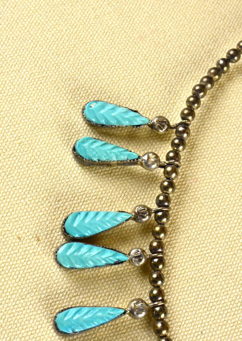 Leaf Turquoise Necklace Set in Sterling Silver with Silver Beadwork Strand