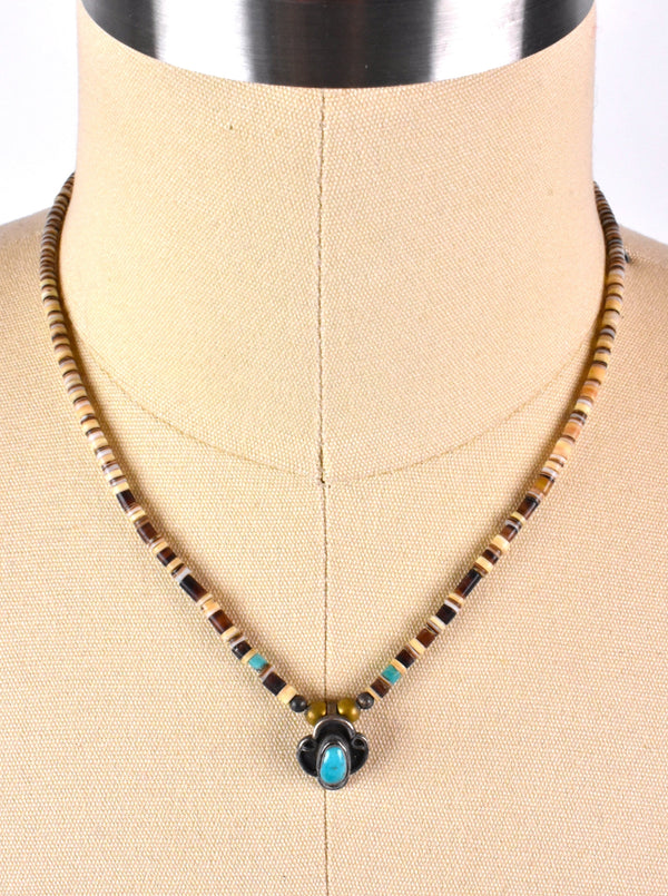 Old Pawn Necklace with Sand Cast Sterling Silver Pendant with Turquoise and Shell Beading
