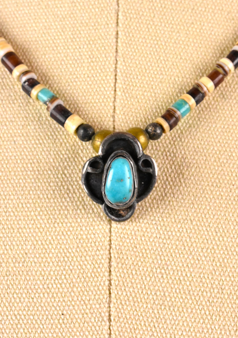 Old Pawn Necklace with Sand Cast Sterling Silver Pendant with Turquoise and Shell Beading