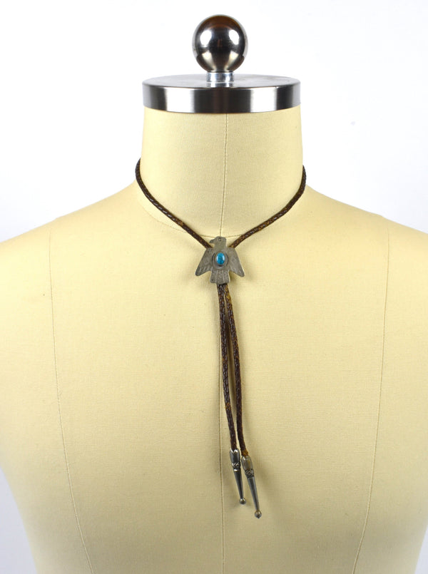 Sterling Silver Thunderbird Bolo Tie with Turquoise Stone