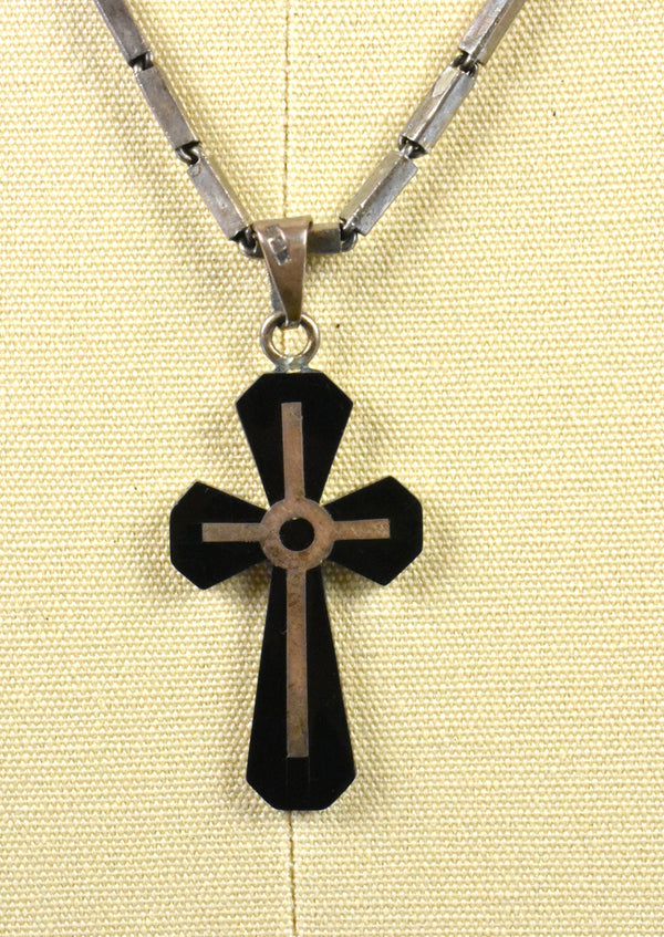 Onyx and Sterling Silver Cross with Sterling Silver Chain