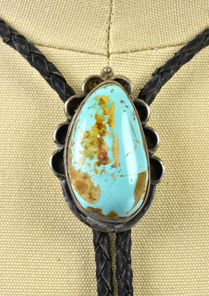Vintage Sand Cast Sterling Silver and Turquoise Bolo Tie