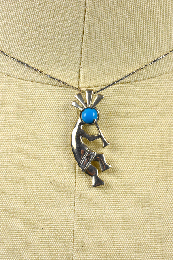 Sterling Silver Kokopelli Pendant Choker Necklace with Sleeping Beauty Turquoise