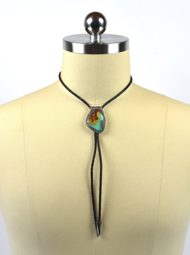 Vintage Sand Cast Sterling Silver and Turquoise Bolo Tie by JF (Johnny Frank) 1911 - Stamped