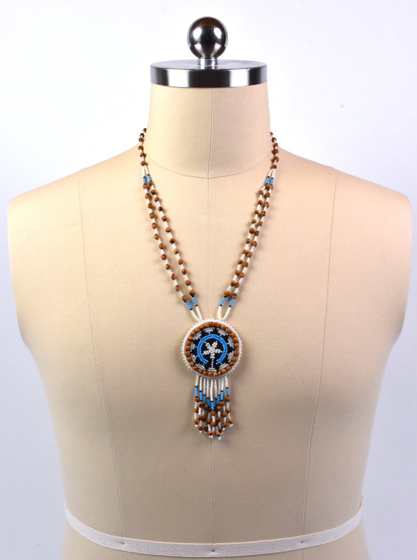 Southwest Native Indian Beaded Rosette Necklace with Deerskin Leather, Seeds, and Fringe