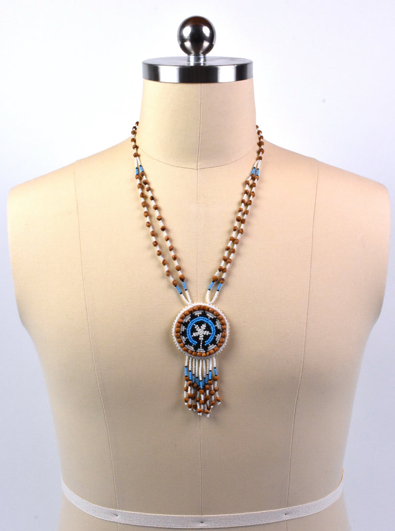 Southwest Native Indian Beaded Rosette Necklace with Deerskin Leather, Seeds, and Fringe