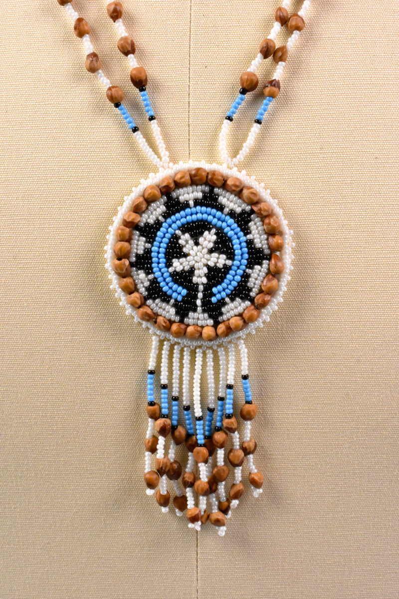 Southwest Native Indian Beaded Rosette Necklace with Deerskin Leather, Seeds, and Fringe