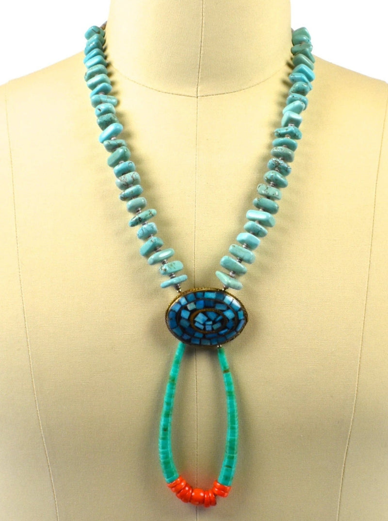 Vintage Old Pawn Santo Domino Turquoise Kewa Necklace with Coral and Amazonite in Copper