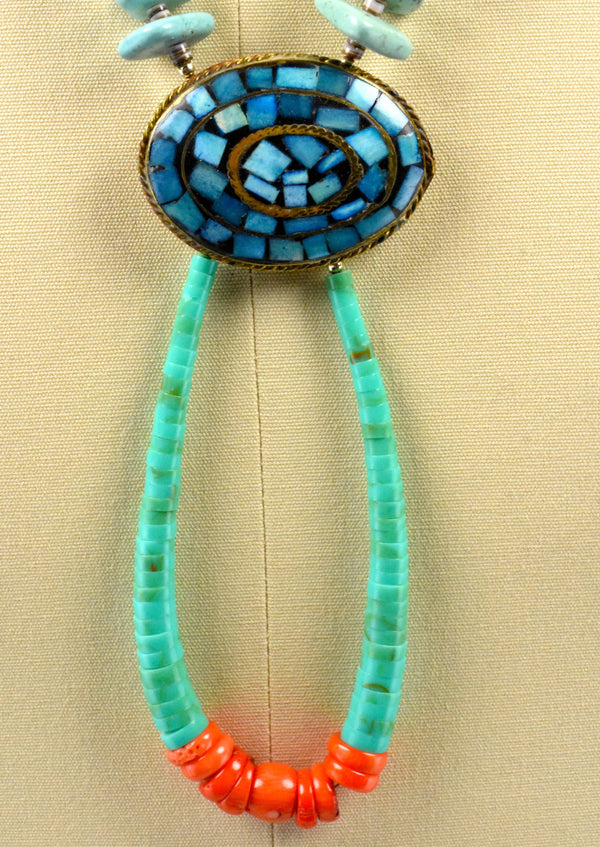 Vintage Old Pawn Santo Domino Turquoise Kewa Necklace with Coral and Amazonite in Copper
