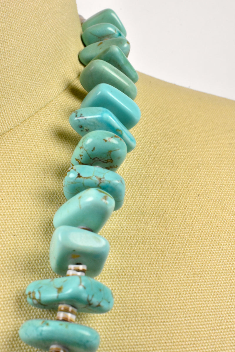 Vintage Old Pawn Santo Domino Turquoise Kewa Necklace with Coral and Amazonite in Copper