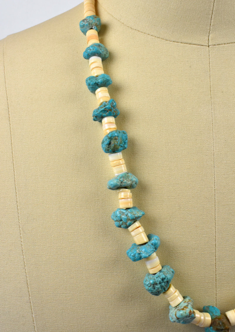 Raw Turquoise and Shell Southwestern Long Necklace
