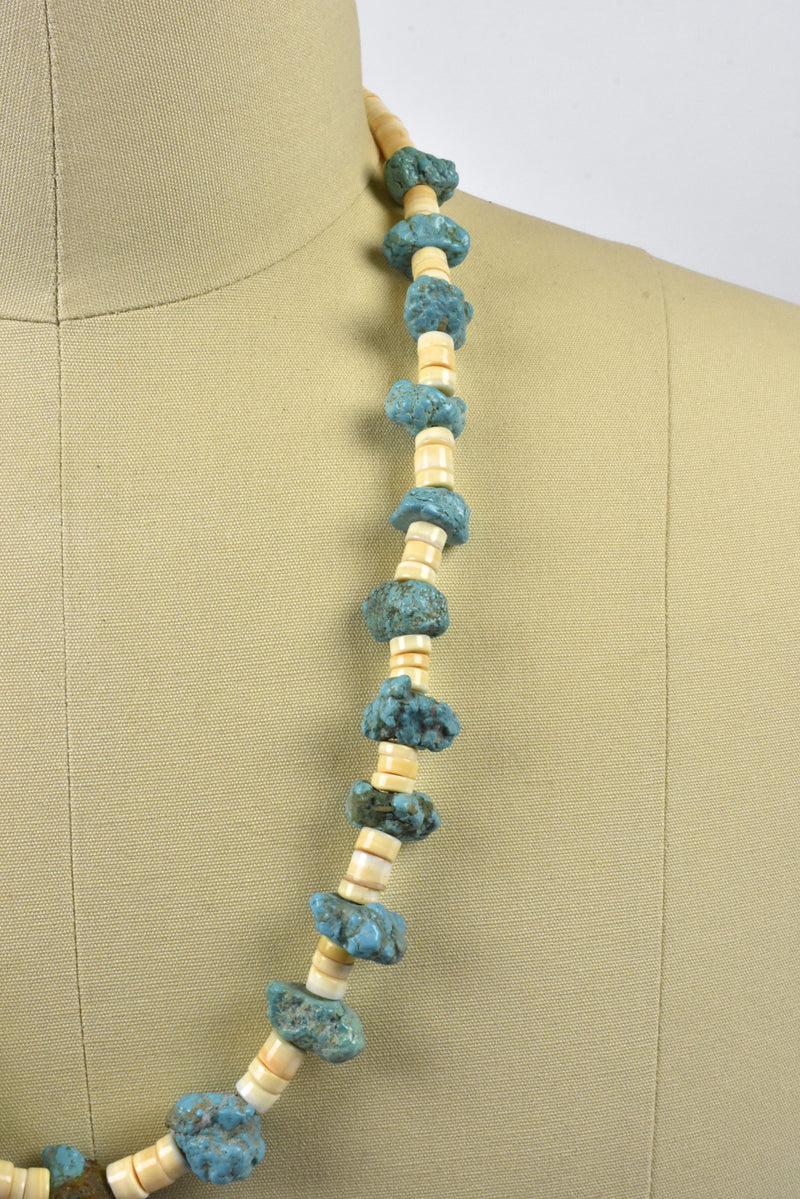 Raw Turquoise and Shell Southwestern Long Necklace