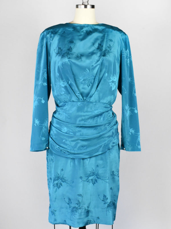 Vintage Turquoise 1980's Cocktail Dress with Deep V Back and Bow