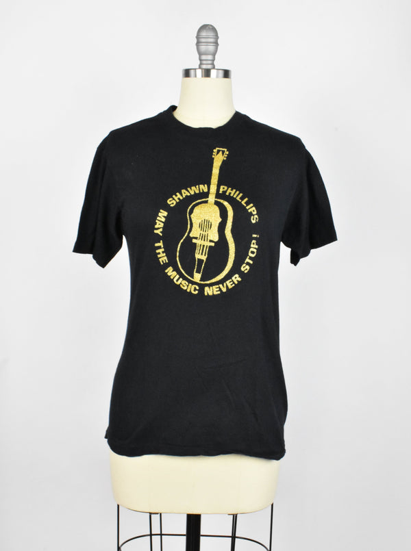 Shawn Phillips Gold Glitter Guitar T-Shirt - The Music Never Stops