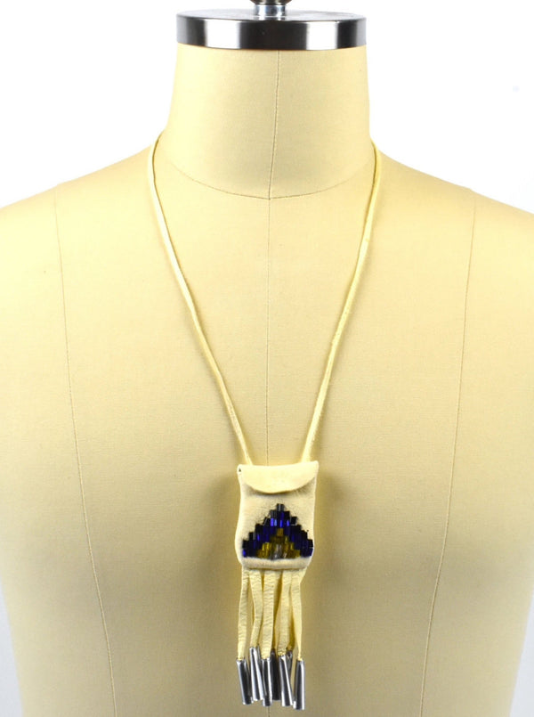 Deerskin Leather Pouch Necklace with Detailed Beadwork and Tin Pipes