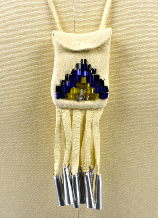 Deerskin Leather Pouch Necklace with Detailed Beadwork and Tin Pipes