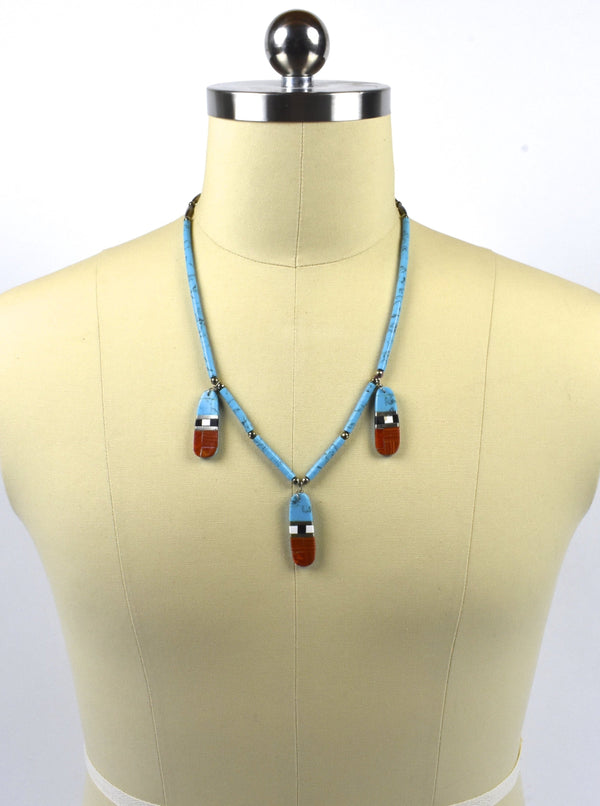 Vintage Old Pawn Santo Domino Kewa Heishi with Turquoise, Onyx, Red Jasper and Sterling Silver
