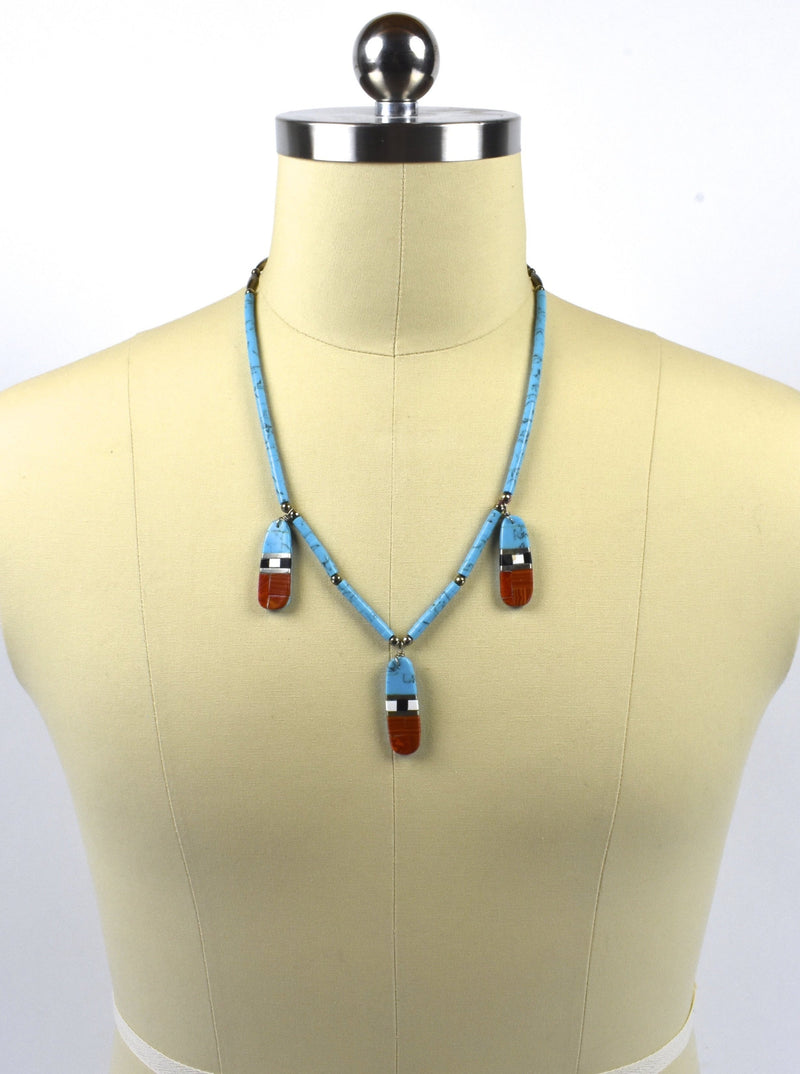 Vintage Old Pawn Santo Domino Kewa Heishi with Turquoise, Onyx, Red Jasper and Sterling Silver