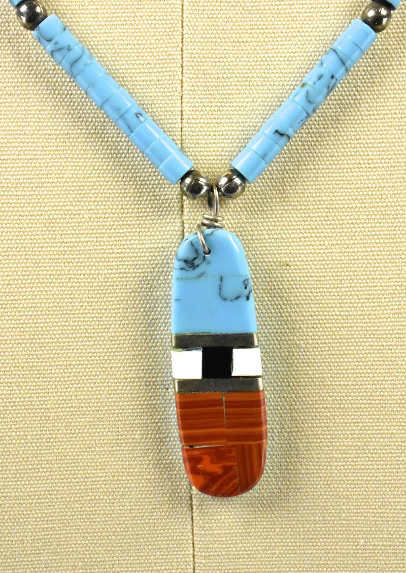 Old Pawn Santo Domino Kewa Heishi with Turquoise, Onyx, Red Jasper and Sterling Silver
