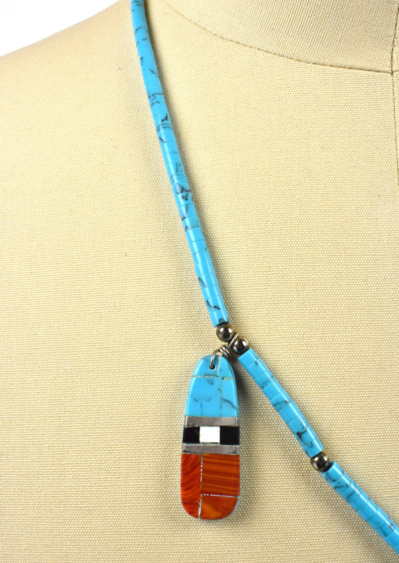 Old Pawn Santo Domino Kewa Heishi with Turquoise, Onyx, Red Jasper and Sterling Silver